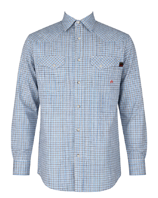 FORGE FR MEN'S Light Blue Double Pocket PLAID LONG SLEEVE SNAPS SHIRT