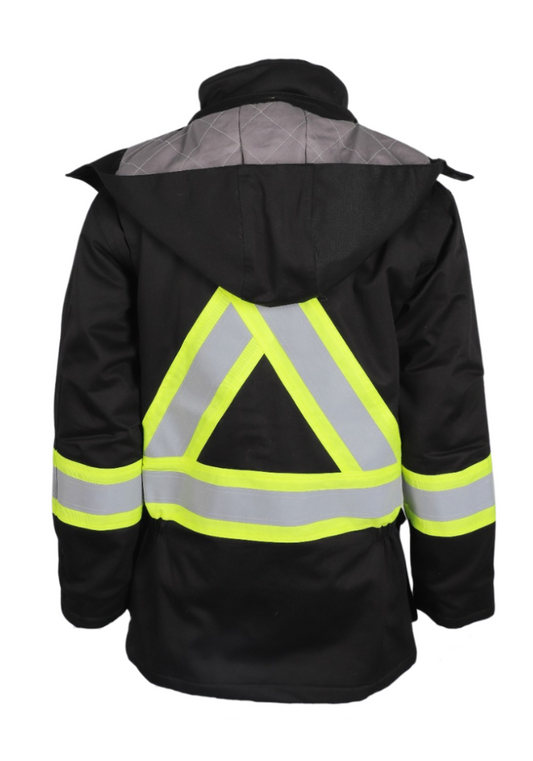 Forge Fr Men's Black Parka Jacket back view with reflective tape for safety and warmth, NFPA compliant and durable.