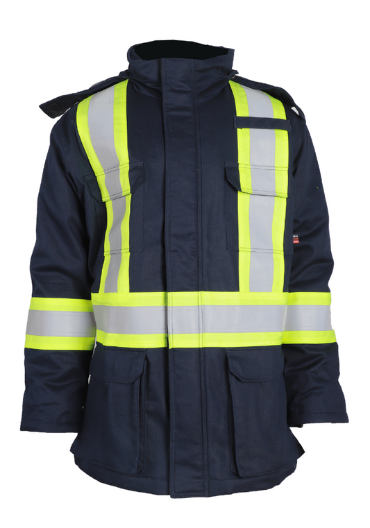 Men's navy parka jacket with reflective tape, designed for safety and warmth, ideal for hazardous environments.