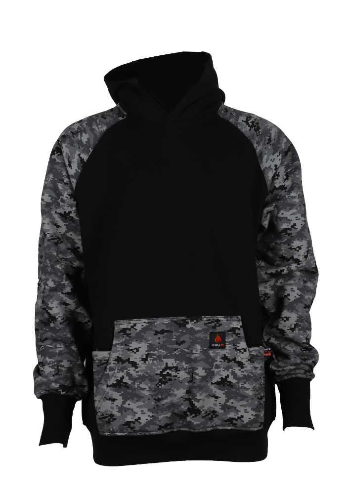 Men's black camo pullover hoodie made from 100% cotton fleece with kangaroo pocket and ribbed cuffs.