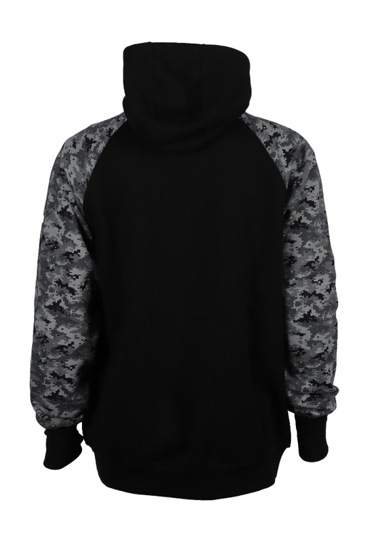 FORGE FR Men's Black Camo Pullover showing the back view with camo print sleeves and hood.
