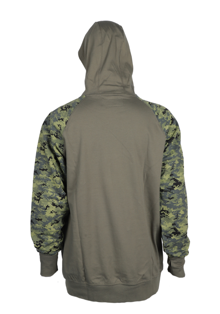 Back view of FORGE FR Men's Green Camo Pullover showcasing camo print sleeves and cozy hoodie design.