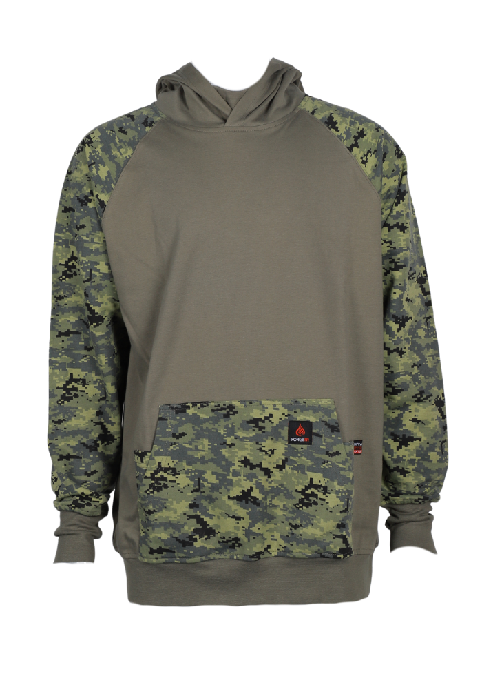 Forge FR men's green camo pullover hoodie with kangaroo pocket and ribbed cuffs, made from soft, comfortable cotton fleece.