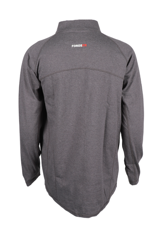 Forge FR men's charcoal grey 1/4 zip tee back view, made from stretch cotton-spandex blend for comfort and durability.