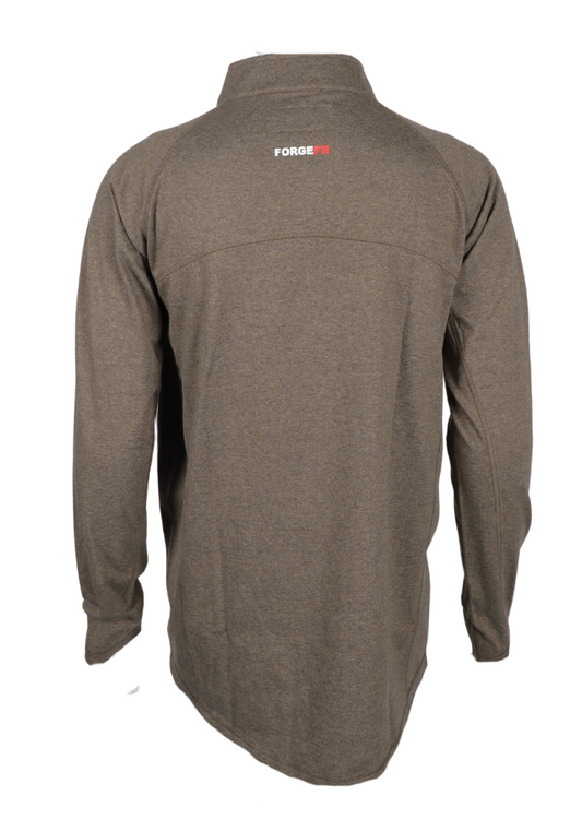 Forge FR men's heather brown 1/4 zip tee back view showcasing durable fabric and stylish design.