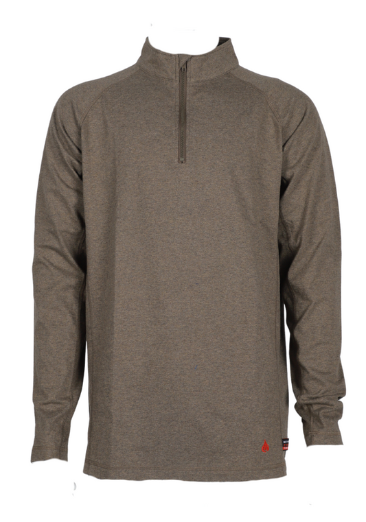 Men's heather brown 1/4 zip tee featuring stretch fabric and aramid sewing, compliant with NFPA 2112 standards.