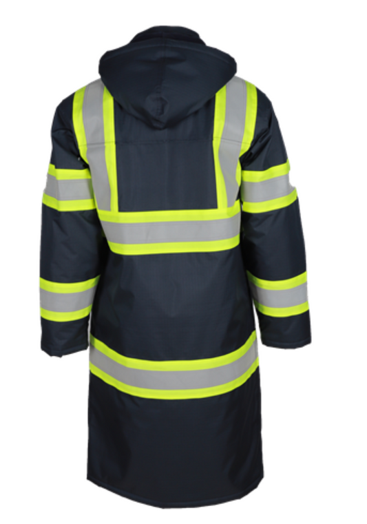 Men's navy rain insulated duster with reflective stripes and hood, designed for safety and durability.