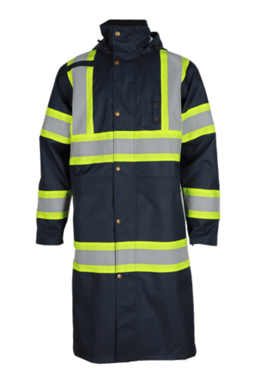 Navy rain insulated duster jacket with reflective stripes, waterproof, windproof, and heavy-duty fabric for safety.