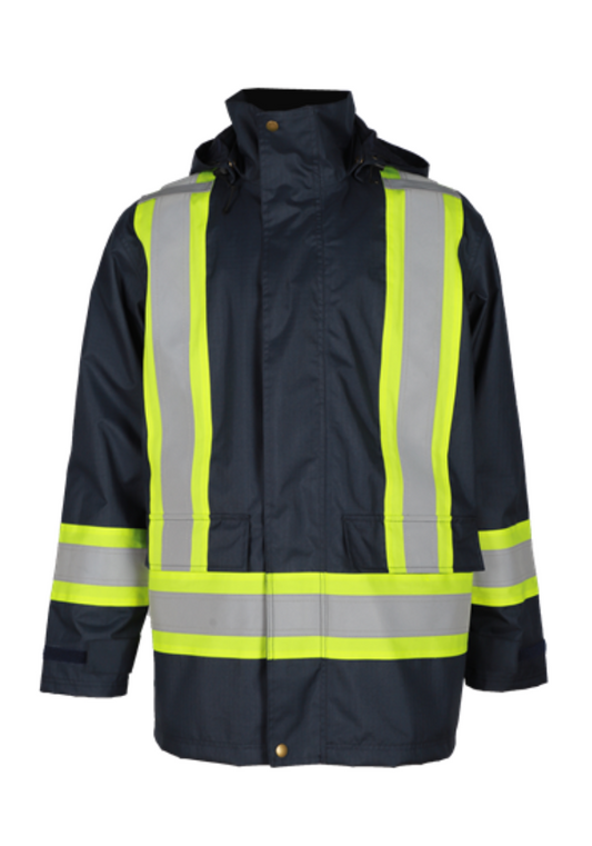 Men's navy rain jacket with reflective tape, waterproof and windproof, featuring a detachable hood and front pockets.