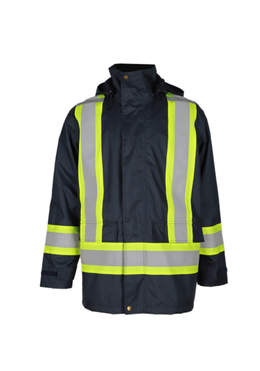 Navy rain jacket with reflective tape, designed for waterproof and windproof protection.