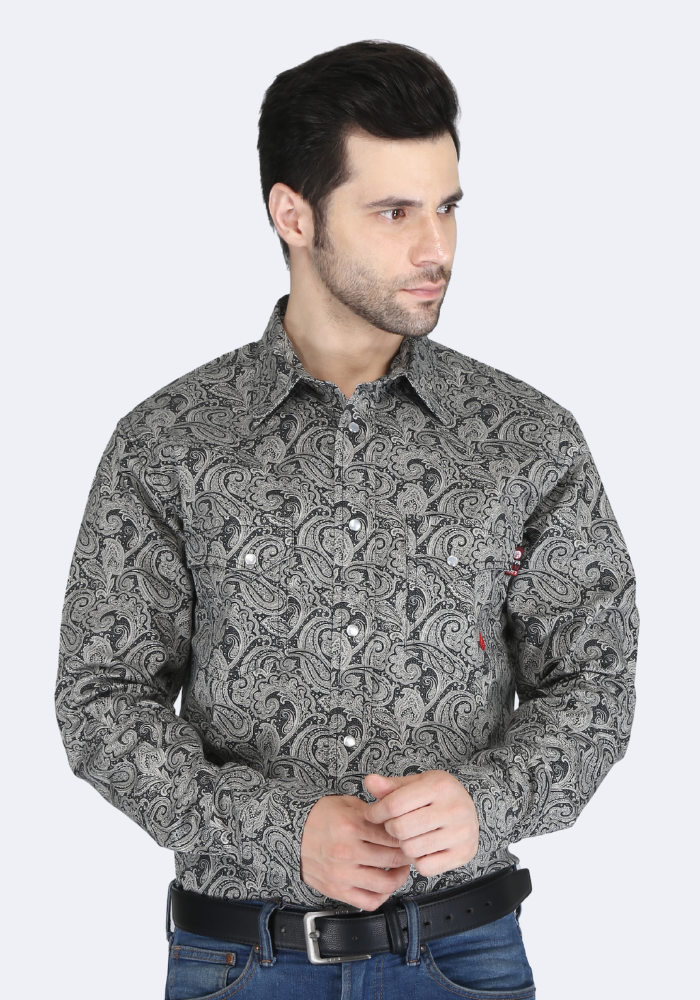 Forge Fr Men's Black Floral Printed Long Sleeve Shirt