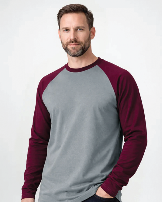 Forge Fr Men's Grey & Burgundy Baseball Long Sleeve T-shirt