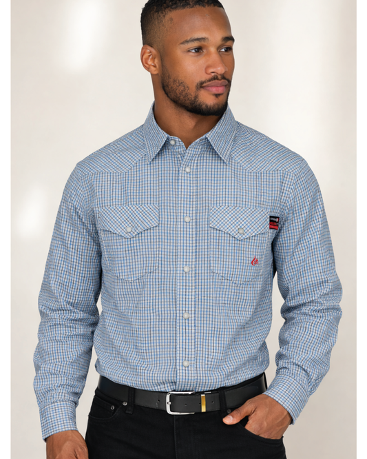 FORGE FR MEN'S Light Blue Double Pocket PLAID LONG SLEEVE SNAPS SHIRT