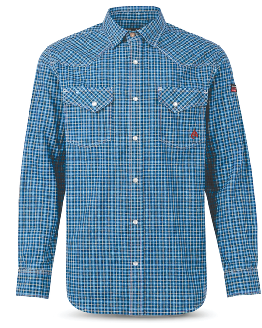 FORGE FR MEN'S Blue Double Pockets PLAID LONG SLEEVE SNAPS SHIRT