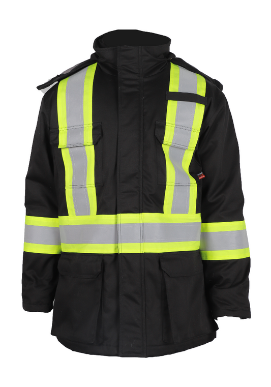 Forge Fr Men's Black Parka Jacket with reflective tape for safety and warmth, NFPA compliant, front view.