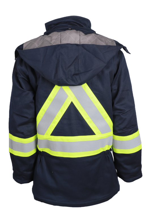 Forge Fr Men's Navy Parka Jacket with reflective tape for safety, featuring a hood and a durable design.