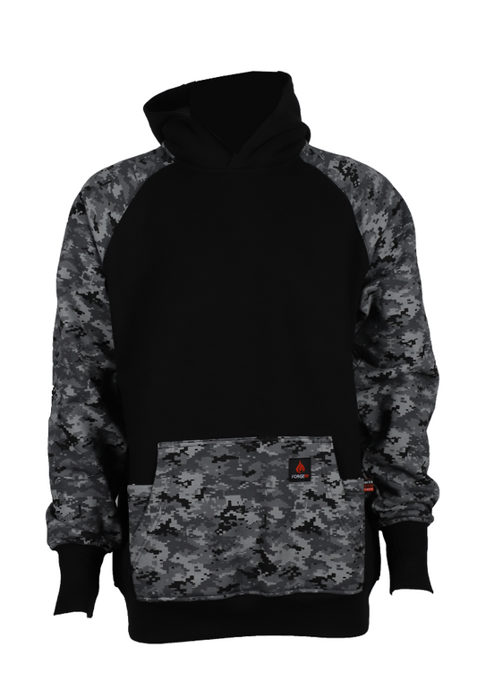 Men's black camo pullover hoodie made from 100% cotton fleece with kangaroo pocket and ribbed cuffs.