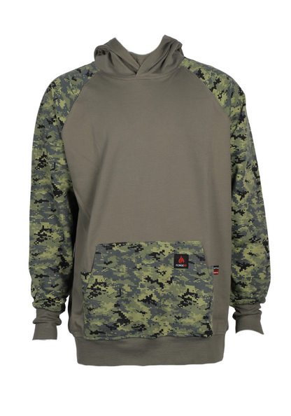 Forge FR men's green camo pullover hoodie with kangaroo pocket and ribbed cuffs, made from soft, comfortable cotton fleece.