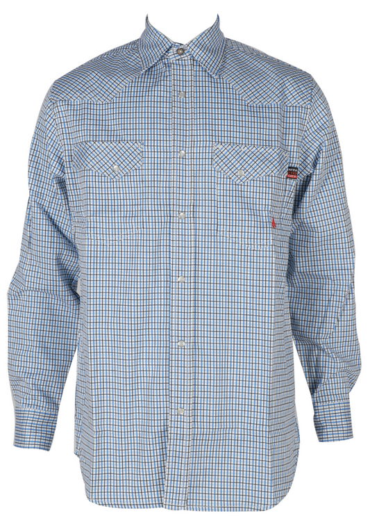 FORGE FR MEN'S Light Blue Double Pocket PLAID LONG SLEEVE SNAPS SHIRT