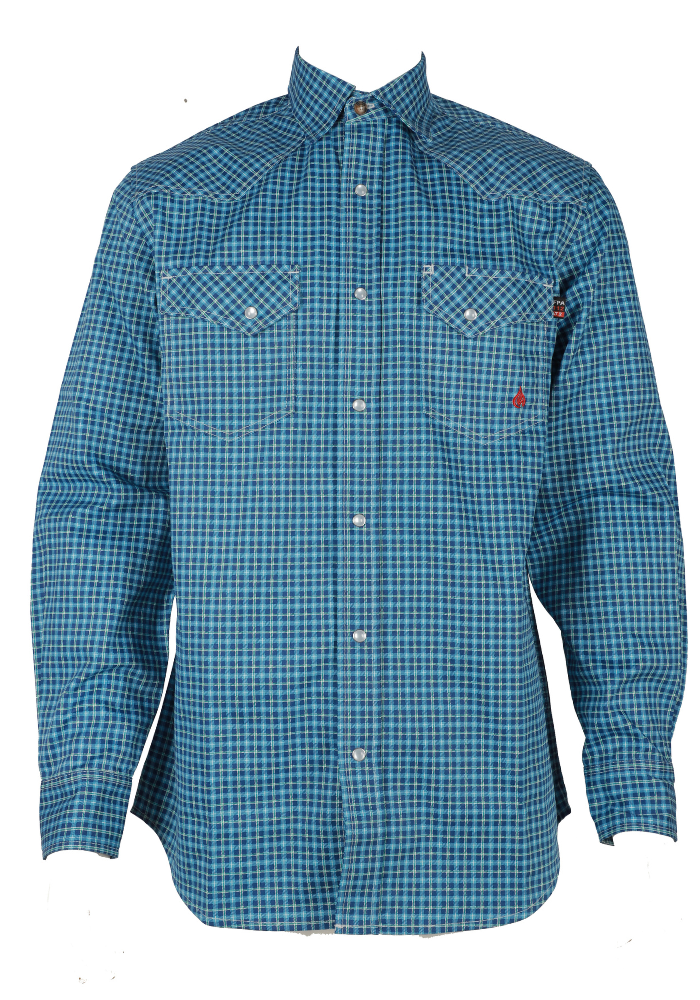 FORGE FR MEN'S Blue Double Pockets PLAID LONG SLEEVE SNAPS SHIRT