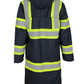 FORGE FR Men's Navy Rain Duster showcasing reflective tape and hood, designed for waterproof and windproof protection.
