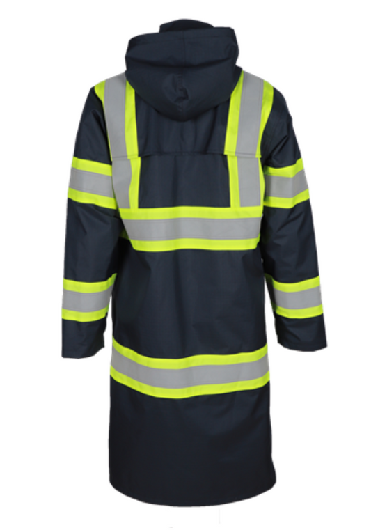 FORGE FR Men's Navy Rain Duster showcasing reflective tape and hood, designed for waterproof and windproof protection.