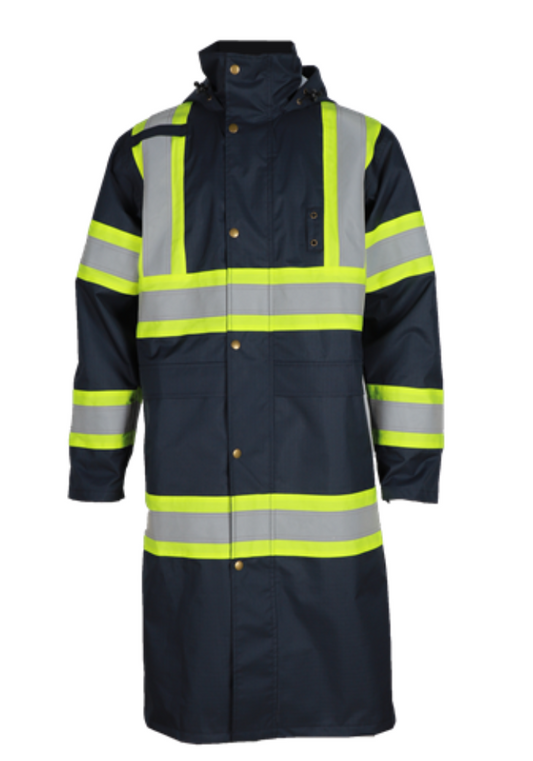 FORGE FR men's navy rain duster with reflective strips, waterproof, windproof, and heavy-duty fabric.
