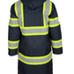 Men's navy rain insulated duster with reflective stripes and hood, designed for safety and durability.