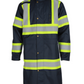 Navy rain insulated duster jacket with reflective stripes, waterproof, windproof, and heavy-duty fabric for safety.