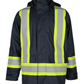 Men's navy rain jacket with reflective tape, waterproof and windproof, featuring a detachable hood and front pockets.