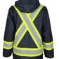 Men's navy rain jacket with reflective safety strips and detachable hood, designed for visibility and protection.