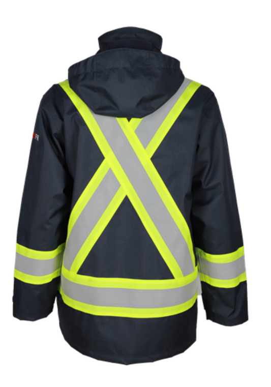 Men's navy rain jacket with reflective safety strips and detachable hood, designed for visibility and protection.
