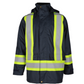 Navy rain jacket with reflective tape, designed for waterproof and windproof protection.