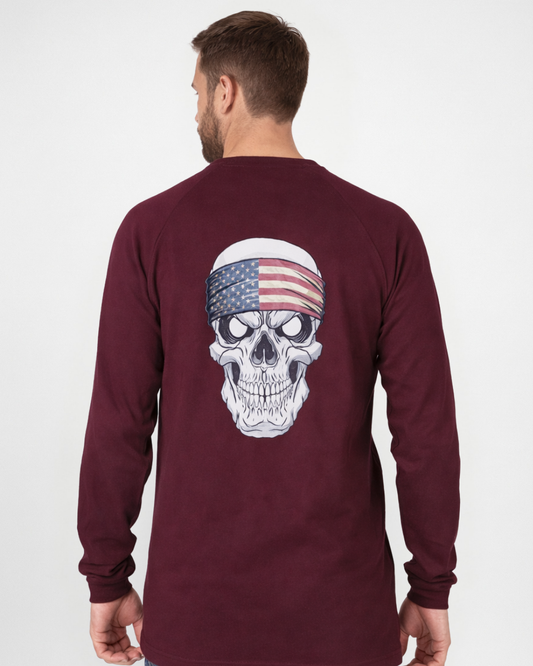 Forge Fr Men's Skull Print Burgundy Long Sleeve T-shirt