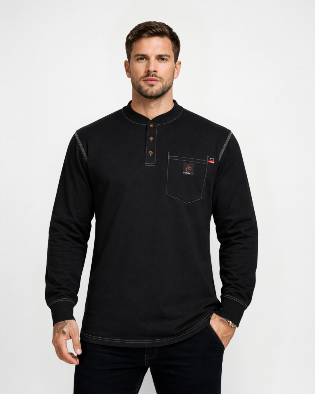 Forge Fr Men's Black Contrast Stitch Henley Neck Long Sleeve T-shirt