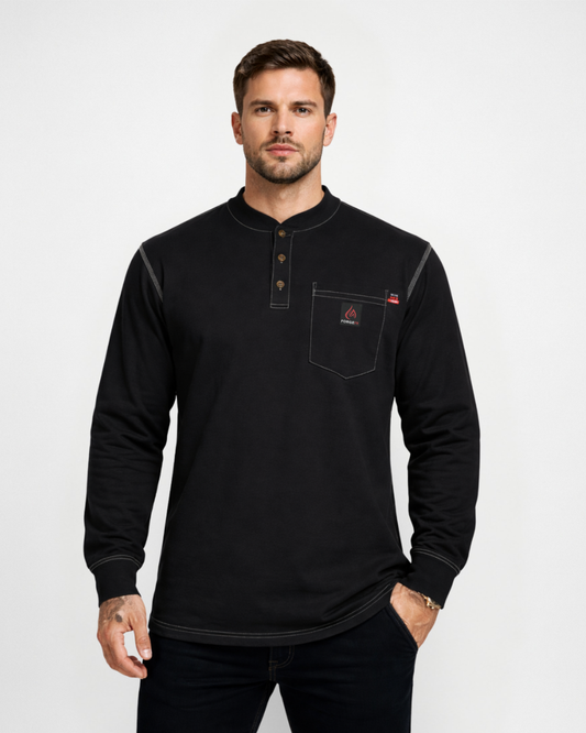 Forge Fr Men's Black Contrast Stitch Henley Neck Long Sleeve T-shirt