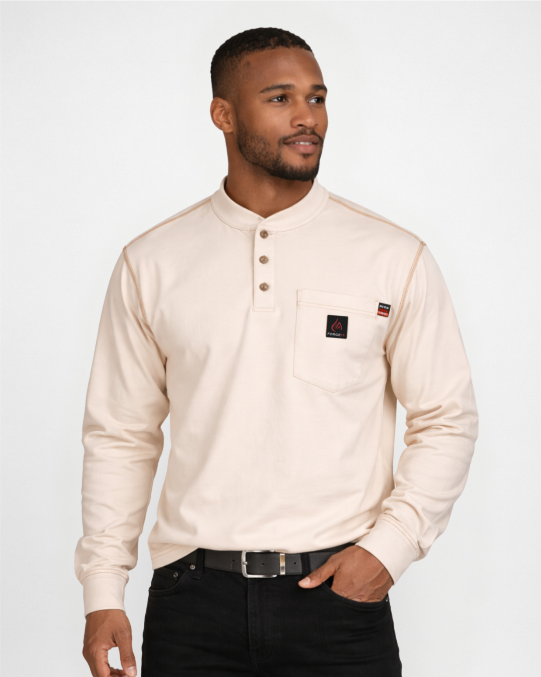 Forge Fr Men's Sand Contrast Stitch Henley Neck Long Sleeve T-shirt
