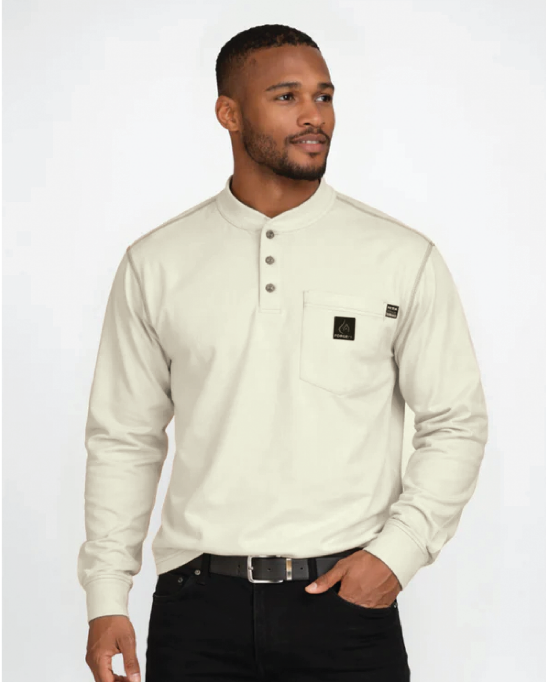 Forge Fr Men's Sand Contrast Stitch Henley Neck Long Sleeve T-shirt