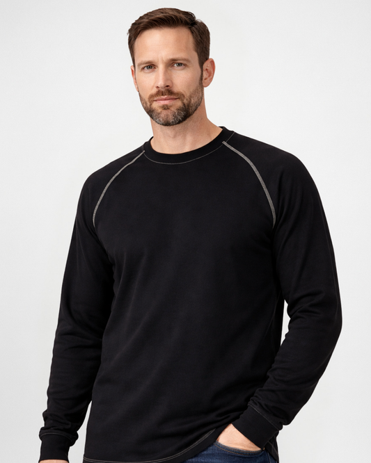 Forge Fr Men's Contrast Stitch Black Light Weight Crew Neck Long Sleeve T-shirt