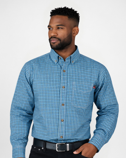FORGE FR MEN'S Aqua Blue PLAID LONG SLEEVE BUTTON SHIRT
