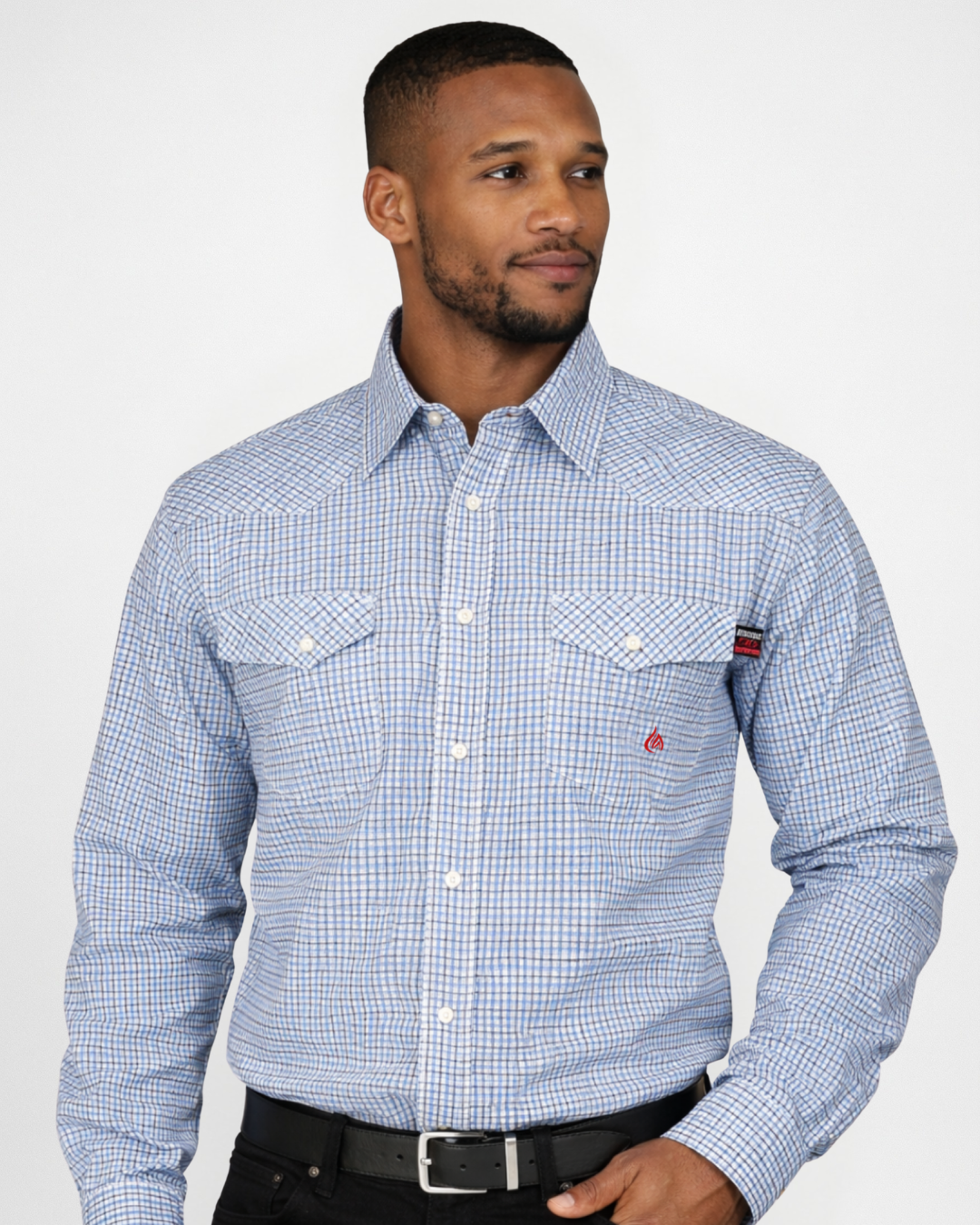 FORGE FR MEN'S Light Blue Double Pocket PLAID LONG SLEEVE SNAPS SHIRT