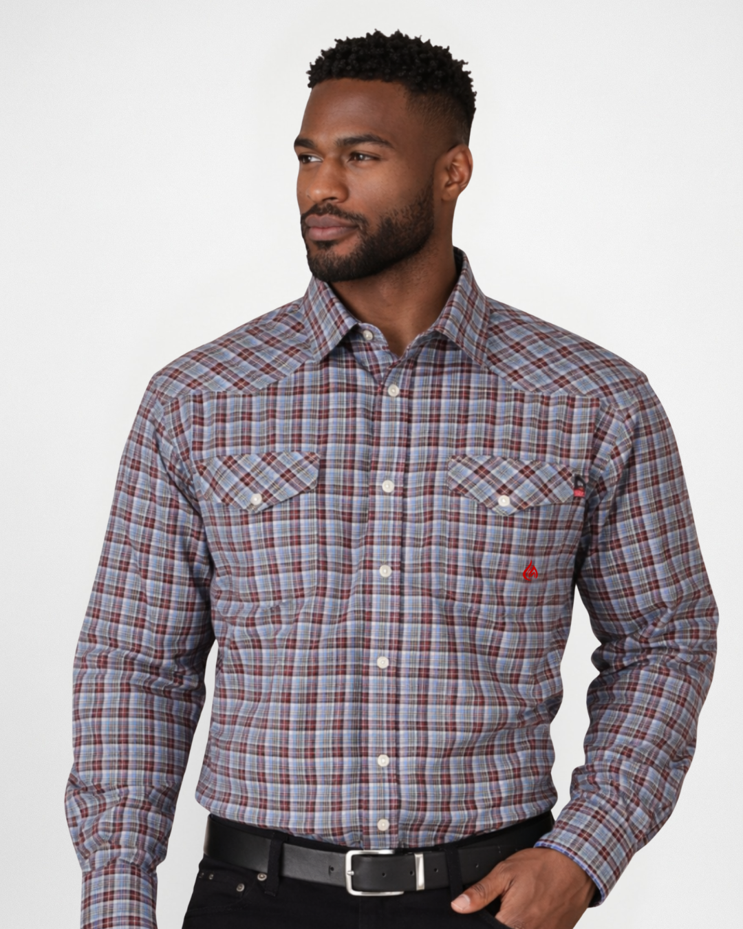 FORGE FR MEN'S Red Double Pocket PLAID LONG SLEEVE SNAPS SHIRT