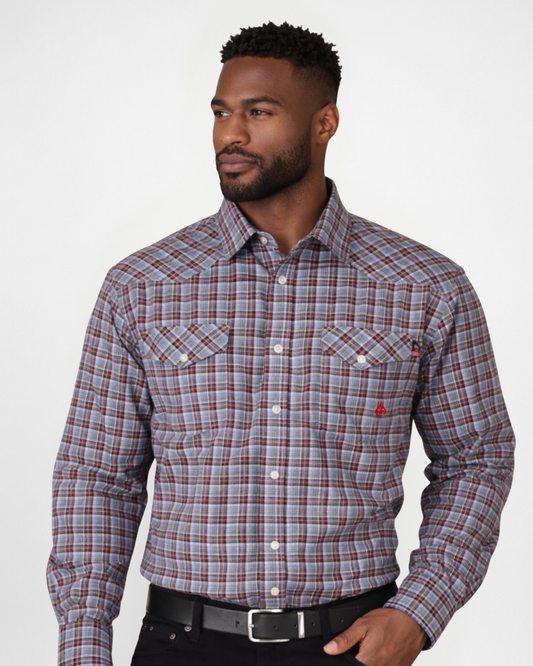 FORGE FR MEN'S Red Double Pocket PLAID LONG SLEEVE SNAPS SHIRT