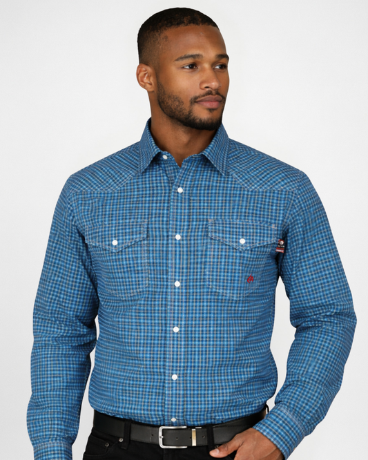 FORGE FR MEN'S Blue Double Pockets PLAID LONG SLEEVE SNAPS SHIRT