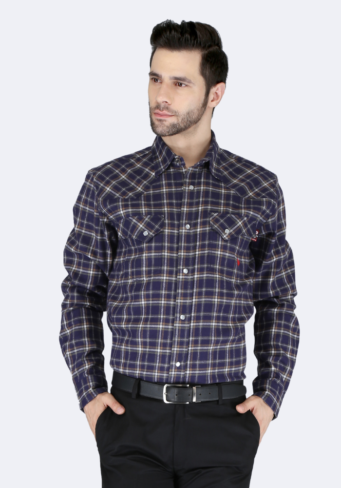 Forge Fr Men's Dark Blue Plaid Printed Long Sleeve Shirt