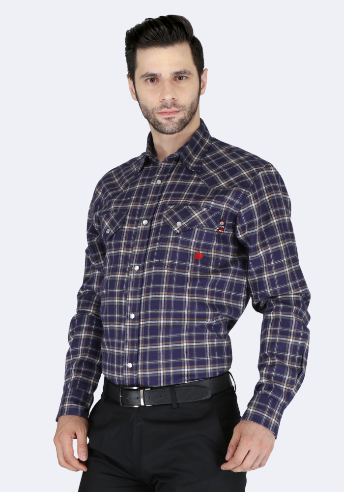 Forge Fr Men's Dark Blue Plaid Printed Long Sleeve Shirt