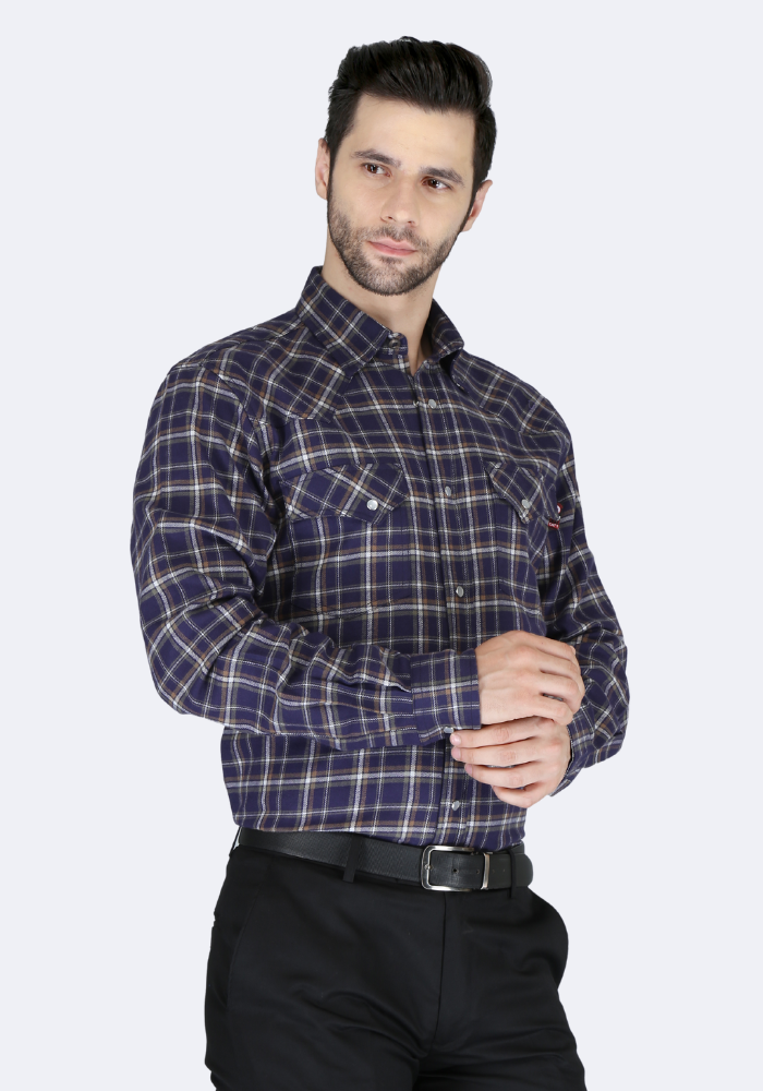 Forge Fr Men's Dark Blue Plaid Printed Long Sleeve Shirt