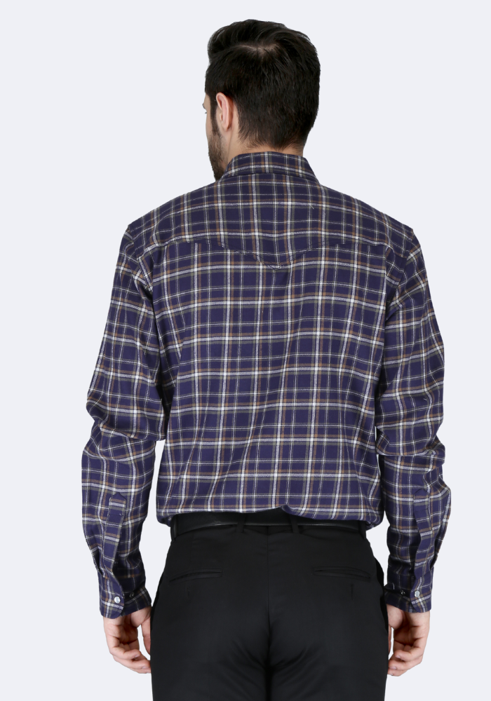 Forge Fr Men's Dark Blue Plaid Printed Long Sleeve Shirt