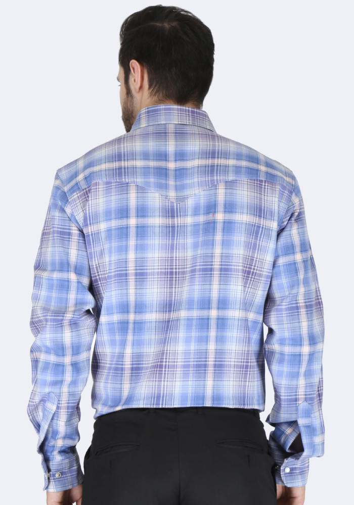 Forge Fr Men's Light Blue Plaid Printed Long Sleeve Shirt